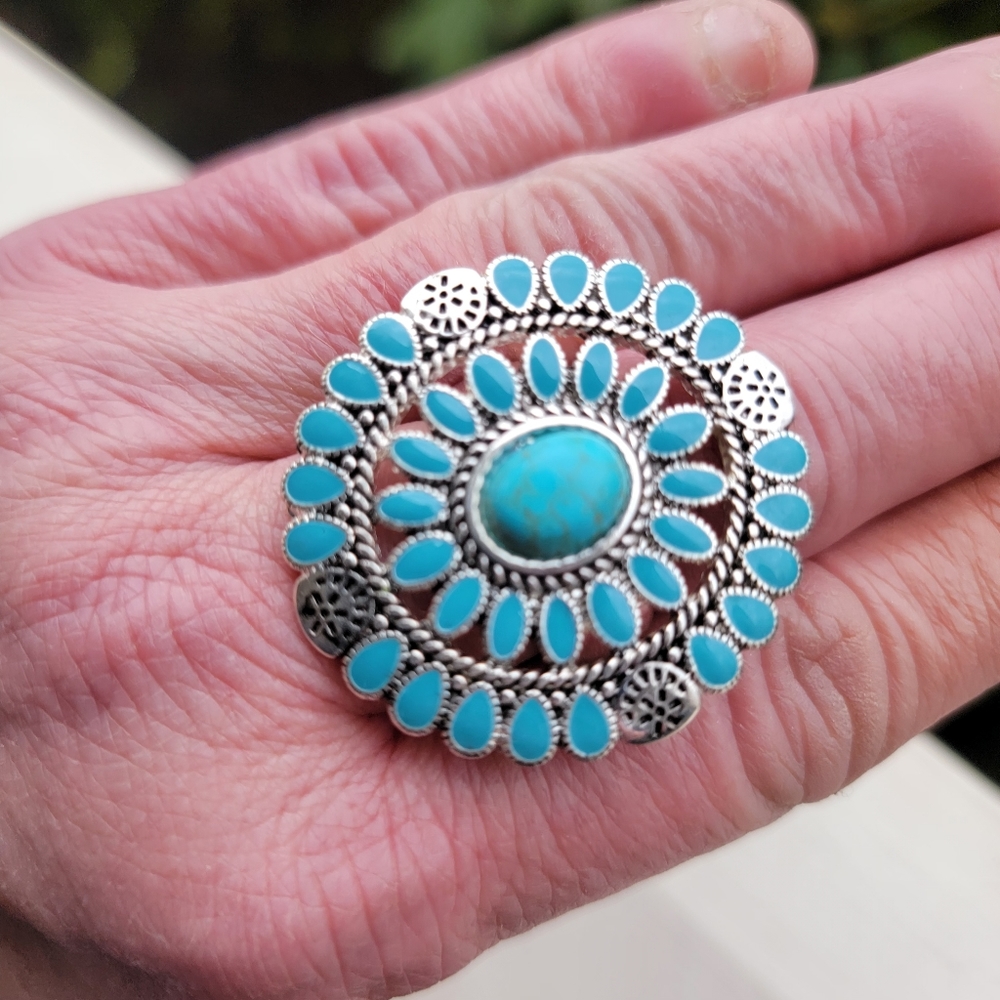 Free Spirit Boho Native People Faux Turquoise Beaded Sun Burst ring